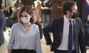 La presidenta de la Comunidad de Madrid, Isabel Díaz Ayuso, y el presidente del Partido Popular, Pablo Casado, durante un desayuno informativo, el pasado 7 de septiembre, en Madrid. E.P./Eduardo Parra