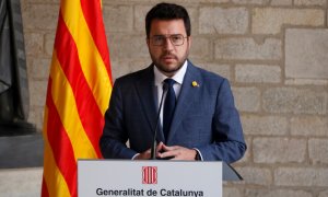 El president de la Generalitat, Pere Aragonès, en una compareixença a la Galeria Gòtica del Palau de la Generalitat.