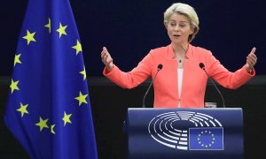 La presidenta de la Comisión Europea, Ursula von der Leyen, durante el debate sobre 'El estado de la Unión Europea' en el Parlamento Europeo en Estrasburgo, Francia, el 15 de septiembre de 2021.