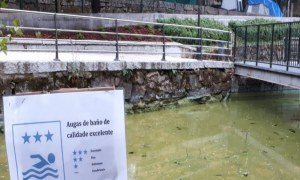 Aguas contaminadas en una de las playas del embalse de As Conchas, en una imagen de archivo.