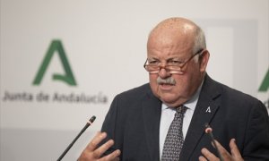 El consejero de Salud y Familias, Jesús Aguirre, durante su intervención en rueda de prensa posterior a la reunión del Consejo de Gobierno de la Junta de Andalucía. A 28 de septiembre de 2021, en Sevilla (Andalucía, España).