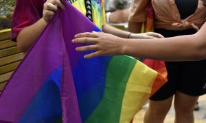 Dos chicos sostienen la bandera LGTBI durante una manifestación.