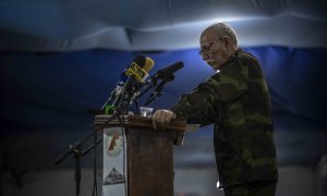 El presidente de la RASD y líder del Polisario, Brahim Gali, durante su discurso este martes en el campamento de Djala con motivo del Día de la Unidad Nacional saharaui