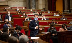 El president de la Generalitat, Pere Aragonès, interviene en el Pleno del Parlament de Catalunya. E.P./David Zorrakino