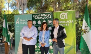 De izquierda a derecha, el responsable de Coordinadora de Iniciativa del Pueblo Andaluz en Sevilla, José Antonio Jiménez; la líder de Más País por Andalucía, Esperanza Gómez, y el coordinador nacional de Andalucía Por Sí, Modesto González. - EUROPA PRESS