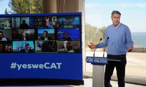 El presidente de Badalona, Xavier García Albiolinterviene durante un acto de campaña con alcaldes en Badalona el pasado 31 de enero.