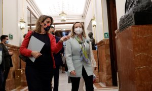 La vicepresidenta primera del Gobierno y ministra de Economía, Nadia Calviño (d) y la vicepresidenta tercera y ministra de Transición Ecológica, Teresa Ribera (i) a su llegada al pleno del Congreso este miércoles en Madrid.