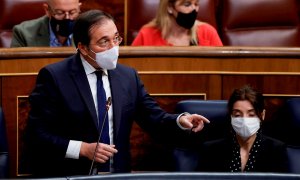 20/10/2021.- El ministro de Asuntos Exteriores, José Manuel Albares durante la sesión de control al Gobierno, este miércoles, en el Congreso de los Diputados. EFE/Emilio Naranjo