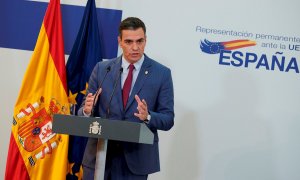 El presidente del Gobierno, Pedro Sánchez, durante la rueda de prensa tras participar en la segunda jornada del Consejo Europeo, en Bruselas. EFE/ Horst Wagner