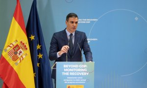 El presidente del Gobierno, Pedro Sánchez, durante la clausura del seminario 'Monitoring the recovery: beyond GDP', en el Ministerio de Asuntos Económicos y Transformación Digital, en Madrid. E.P./Alberto Ortega