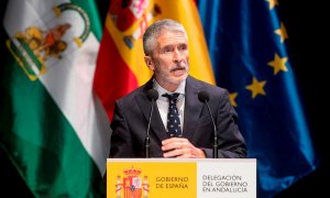 25/10/2021.- El ministro del Interior, Fernando Grande-Marlaska durante el acto de entrega en Sevilla seis grandes cruces y catorce encomiendas de la Real Orden de Reconocimiento Civil a víctimas del terrorismo en Andalucía. EFE/Raúl Caro