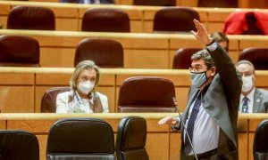 El ministro de Inclusión, Seguridad Social y Migraciones, José Luis Escrivá, interviene durante una sesión de control al Gobierno en el Senado, a 2 de noviembre de 2021, en Madrid, (España). Las medidas para frenar la subida del precio de la luz y las dis