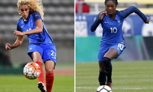 Kheira Hamraoui (izquierda) durante el partido de fútbol de clasificación femenino de la Eurocopa 2017 entre Francia y Albania y Aminata Diallo mientras corre con el balón durante un partido de fútbol de la 'SheBelieves Cup' entre Francia e Inglaterra.