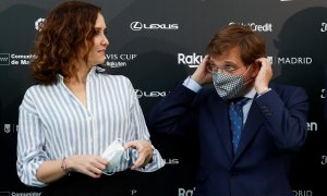 La presidenta de la Comunidad de Madrid, Isabel Díaz Ayuso, y el alcalde de Madrid, José Luis Martínez-Almeida, participan en la presentación oficial de la Copa Davis este martes en Madrid.