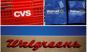 Imagen de archivo que muestra los logos de las empresas CVS, Walgreens y Walmart.