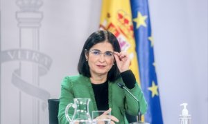 La ministra de Sanidad, Carolina Darias, durante una rueda de prensa tras la Conferencia Intersectorial de Medioambiente conjunta con el Consejo Interterritorial de Salud, a 24 de noviembre de 2021, en Madrid.