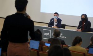 El president de la Generalitat, Pere Aragonès, responent la pregunta d'un dels estudiants.