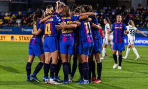 El Barça femenino celebrando un gol durante la UEFA Champions League.