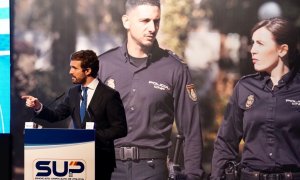 El presidente del PP, Pablo Casado, durante su intervención este miércoles 1 en el Congreso del Sindicato Unificado de la Policía (SUP) celebrado en Toledo.