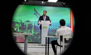 El presidente de Vox, Santiago Abascal, interviene en una rueda de prensa del Comité de Acción Política de Vox, en su sede nacional, a 30 de agosto de 2021, en Madrid, (España). Durante la rueda de prensa, Abascal ha hablado, entre otros temas, sobre la g