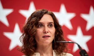 La presidenta de la Comunidad de Madrid, Isabel Díaz Ayuso, hace balance del año durante una rueda de prensa convocada este miércoles 29 de diciembre de 2021 en la Real Casa de Correos de Madrid.