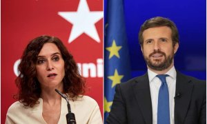 La presidenta de la Comunidad de Madrid, Isabel Díaz Ayuso y el presidente del PP, Pablo Casado, pronunciando sus respectivos discursos de balance de año.