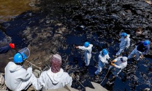 Varios operarios trabajan en labores de limpieza del petróleo derramado en las costas peruanas por la refinería de La Pampilla operada por Repsol.