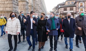 La presidenta de La Rioja, Concha Andreu, el candidato del PSOE a la Presidencia de la Junta, Luis Tudanca, la presidenta de Navarra, María Chivite, el presidente de Castilla La Mancha, Emiliano García-Paje, el presidente de Aragón, Javier Lambán, y el pr