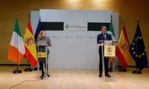 La vicepresidenta primera y ministra de Asuntos Económicos, Nadia Calviño, con el presidente del Eurogrupo y ministro de Finanzas irlandés, Paschal Donohoe, durante la rueda de prensa ofrecida tras la reunión mantenida en la sede del Ministerio. EFE/ J.J.