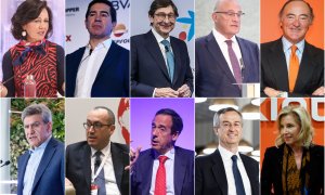 Los jefes de la gran banca: En la fila superior, de izq. a der., Ana Botín (presidenta de Banco Santander), Carlos Torres (presidente de BBVA), José Ignacio Goirigolzarri (presidente de Caixabank), Josep Oliú  (presidente de Banco Sabadell), y Pedro Guerr