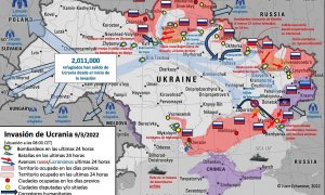 Mapa de Ucrania que muestra el avance de las tropas rusas y las principales batallas y bombardeos en el país.