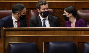 24/03/2022.- El líder de Vox, Santiago Abascal (i), su portavoz parlamentario, Iván Espinosa de los Monteros (c) y la diputada Macarena Olona (d) durante el pleno del Congreso de los Diputados celebrado este jueves. EFE/ Javier Lizón