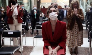 La presidenta de la Comunidad de Madrid, Isabel Díaz Ayuso, en la presentación de la Mochila Digital Universitaria, en la Real Casa de Correos, a 22 de febrero de 2022, en Madrid