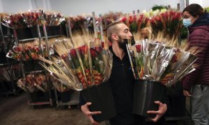 Un florista transporta varias decenas de rosas este jueves en Mercabarna-Flor.