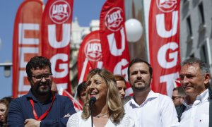 01/05/2022 La vicepresidenta segunda y ministra de Trabajo y Economía Social, Yolanda Díaz, atiende a los medios de comunicación antes de asistir a la manifestación del 1º de Mayo en la cabecera de la marcha de 2022