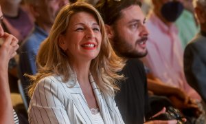 La vicepresidenta segunda del Gobierno y ministra de Trabajo, Yolanda Díaz, en el acto de presentación del libro ‘Política sin anestesia’, de la portavoz de Más Madrid en la Asamblea, Mónica García, en el Espacio Berteslmann, a 18 de mayo de 2022, en Madr