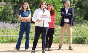 19/05/2022 - Ada Colau amb els tinents d'alcaldia Janet Sanz, Jordi Martí i Laura Pérez, en la compareixença per anunciar que optarà a un tercer mandat.