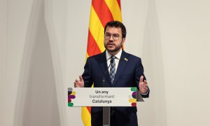 El president de la Generalitat, Pere Aragonès, durant la valoració del primer any de mandat.