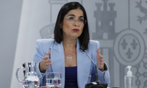 La ministra de Sanidad, Carolina Darias, ofrece una rueda de prensa al término de la reunión del Consejo Interterritorial del Sistema Nacional de Salud, este miércoles en Madrid.