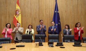 El presidente del Gobierno, Pedro Sánchez, en el Congreso de los Diputados este miércoles con motivo de un encuentro con sus diputados y senadores.