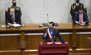 02/06/2022 - Fotografía cedida por Presidencia de Chile que muestra al presidente de Chile, Gabriel Boric, mientras habla durante su primera cuenta pública ante la nación en el Congreso Nacional en Valparaiso (Chile).