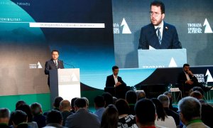 El president de la Generalitat, Pere Aragonès, durant la ponència inaugural a la Trobada empresarial al Pirineu, a la Seu d'Urgell.