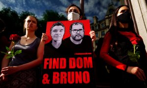 13/06/2022 Manifestantes protestan tras la desaparición del periodista, Dom Phillips, y el experto indígena local, Bruno Araújo, en Londres, en Reino Unido, a 9 de junio de 2022.