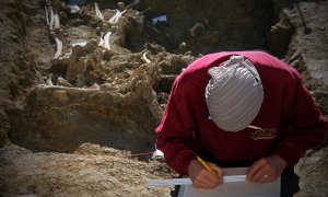 14/06/2022. Un operario en la fosa común de Alfarnate en Málaga, Andalucía.