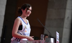 Isabel Díaz Ayuso interviene tras recibir a la plantilla del Real Madrid tras conquistar la 36 ª Liga Endesa ACB.