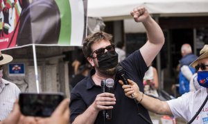 24/06/2022. El eurodiputado de Unidas Podemos Miguel Urbán interviene en la marcha final en España por la Libertad del Pueblo Saharaui Diana en las inmediaciones del Ministerio de Asuntos Exteriores, UE y Cooperación, a 18 de junio de 2021, en Madrid.