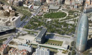 Perspectiva aèria de la plaça de les Glòries en una simulació del projecte.