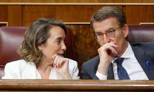 El presidente del PP, Alberto Núñez Feijóo (d), y la portavoz del PP en el Congreso, Cuca Gamarra (i), durante el debate sobre el estado de la nación que comienza este martes en el Congreso.