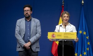 02/08/2022. La ministra de Trabajo, Yolanda Díaz, junto al secretario de Estado de Empleo, Joaquín Pérez Rey, durante una rueda de prensa, a 6 de mayo de 2022.