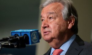 El Secretario General de las Naciones Unidas, Antonio Guterres , se dirige a los medios de comunicación antes de la conferencia de revisión del Tratado de No Proliferación Nuclear en la ciudad de Nueva York, EE. UU., 1 de agosto de 2022